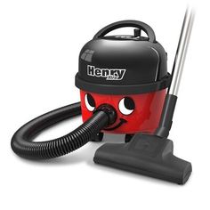 a red and black vacuum cleaner with its head resting on the handlebars that is attached to it