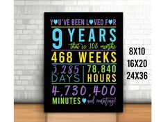 a black poster with the words nine years that are written in different colors and numbers