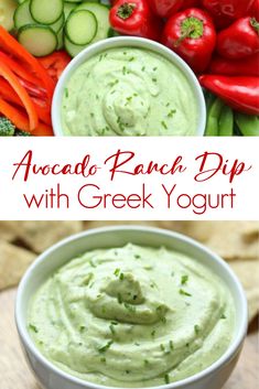 avocado ranch dip with greek yogurt in a white bowl surrounded by vegetables