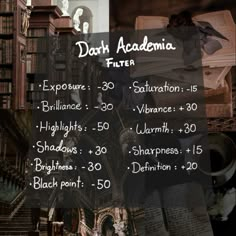 a poster with the dates and times for dark acadenia theater in front of bookshelves