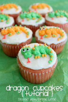 the cupcakes are decorated with green and orange icing as well as an image of a caterpillar