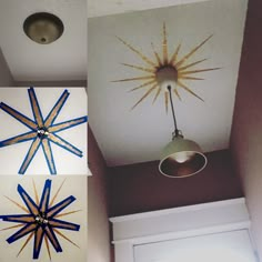 the ceiling is decorated with three starbursts and one light fixture in different colors