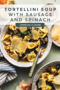 tortellini soup with sausage and spinach is served in white bowls on a table