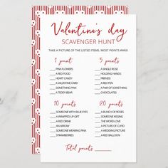 valentine's day scavenger hunt game with red and white stripes on it