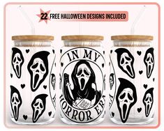 three halloween mason jars with black and white designs