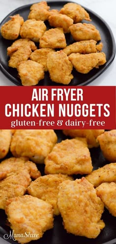 Gluten-free chicken nuggets on a black plate on top and a close-up on the bottom of the photo. Gluten Free Air Fryer Recipes, Air Fried Chicken Nuggets, Gluten Free Chicken Nuggets, Air Fryer Chicken Nuggets, Gluten Free Dinner Easy, Homemade Chicken Nuggets, Chicken Nugget Recipes, Air Fried Chicken, Air Fryer Recipes Chicken