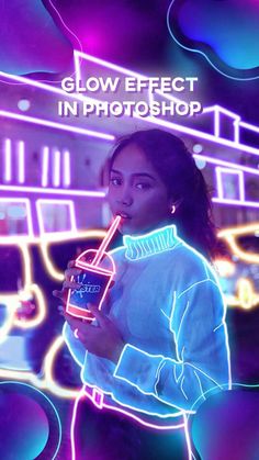 a woman holding a drink in her hand and looking at the camera with neon lights behind her