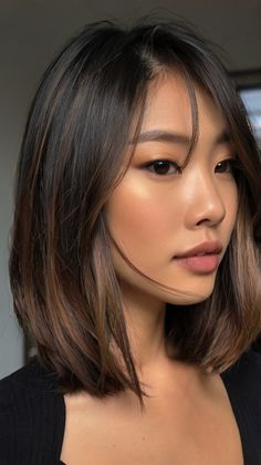 Layered Bob Balayage, Black Hair Balayage Short Hair, Asians With Short Hair, Fall Hair Color For Brunettes Bob, Asian Fall Hair Color, Short Hair Balayage Asian, Asian Hair Ombre, Hair Highlights Dark Hair, Short Black Hair Highlights