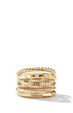 18-karat yellow gold. Pavé diamonds, 0.26 total carat weight. Ring, 15mm. Imported. >Diamond Guide Unique Ring Sets Wedding, Diamond Rings Stack, Gold And Diamond Rings, Gold Jewelry Rings, Gold Stacking Rings, Ring Inspo, Antique Gold Jewelry Indian, Preppy Jewelry, Luxury Jewelry Brands