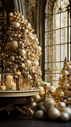 a table topped with lots of white and gold christmas ornaments next to a tall tree