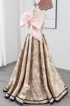 Crafted from luxurious gold & green floral jacquard satin fabric, this strapless floor-length prom, anniversary, or birthday formal dress features an oversized... Church Wedding Dress, Design Your Own Dress, Fairy Prom Dress, Glitter Prom Dress, Anniversary Dress, Prom Dress Trends, Dress Train, Military Ball Dresses, Buy Dresses Online