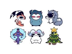 six different cartoon characters with christmas trees in the foreground and an image of a cat,