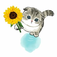 a drawing of a cat holding a sunflower in it's paws and standing on its hind legs