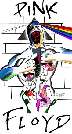 a drawing of a pink floyd cartoon character on a brick wall with the word floyd written below it