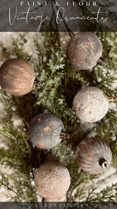 the cover of paint and flour vintage ornaments, featuring acorns on a branch