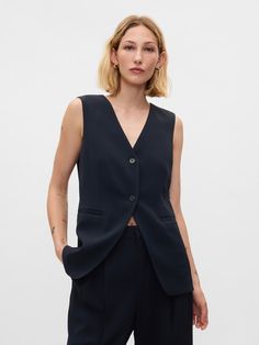 Longline Twill Vest | Gap Vest Suit Women, Vest Suit Women's, Navy Blue Vest, Tailored Vest, Vest Suit, Blue Vest, Suit Women, Women's Blouses, Suit Vest