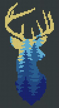 a cross stitch pattern of a deer's head with blue water and gold antlers