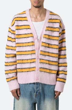 mnml Striped Faux Mohair Cardigan | Nordstrom Exterior Texture, Knitwear Details, Yarn Project, Striped Knit Sweater, 140 Lbs, Nylon Pants, Mohair Yarn, Mohair Cardigan, Mohair Sweater