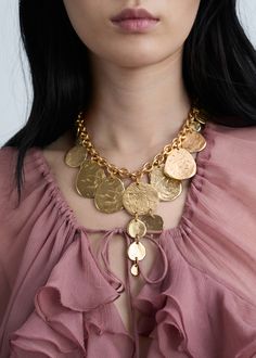 Coin waterfall necklace - Woman | MANGO USA Studded Clogs, Waterfall Necklace, Necklace Woman, Chain Belts, Studded Flats, Boho Chic Jewelry, Necklace Women, Coin Pendant, Link Necklace