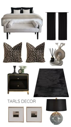 a bedroom with black and white decor on the walls, lamps, rugs and pillows