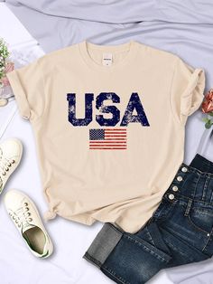 Tees- Women's American Flag T-Shirt for July 4th- Khaki- Chuzko Women Clothing Dirndl Outfit, Hip Hop Tee, American Flag Stars, Set Outfits, Bodycon Dresses Casual, American Flag Print, Clothing Summer, Denim Skirt Women, Mini Robes