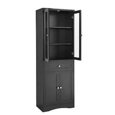 a tall black cabinet with glass doors and drawers on the bottom, in front of a white background