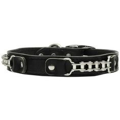 a black leather collar with silver chains