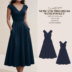 a women's dress with pleaed skirt and v - neckline in navy blue