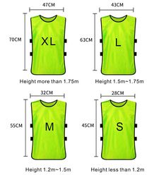 three sizes of neon green vests with the measurements for each item in front and back