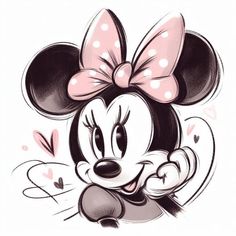 a drawing of minnie mouse with a pink bow on her head