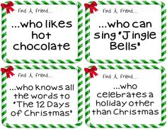 four christmas cards with the words who likes hot chocolate, sing j'inge bells