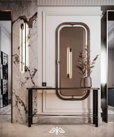 an art deco styled room with marble walls and flooring, along with two large mirrors on the wall