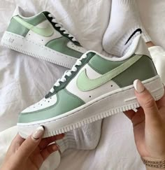 Hand Painted AF1 Customs  All sizes available Message me with any other designs you'd like me to do ✨ (Price including shoes) Can do any design of your choice - message me with your ideas or images 😊 - Returns are not accepted, please double check your sizes in advance Nike Air Force 1verdes, Nike Air Force 2 Green, Nike Jordan Air 1 Olive Green, Sage Low Nike, Pastel Green Air Jordans, Womens Green Nike Shoes, Nike Shoes Women New Collection, Green Air Force Shoes, Nike Shoes Air Force Green