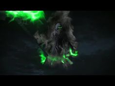 an animated image of a creature with green lights on it's face and arms