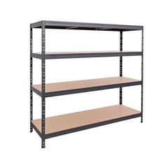 three tier shelving unit with two shelves on each side and one shelf above the other