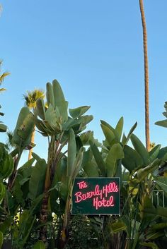 there is a sign that says the beverly hills hotel in front of some palm trees