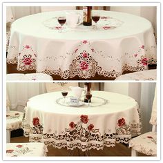 two pictures of a table and chairs with coffee cups on it, one has a rose design