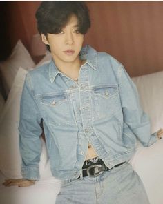 Jung Daehyun, Blue Bunny, Denim Button Up, Button Up Shirts, Denim Jacket, Celebrities