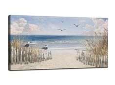 a beach scene with seagulls flying over the water and sand dunes on either side