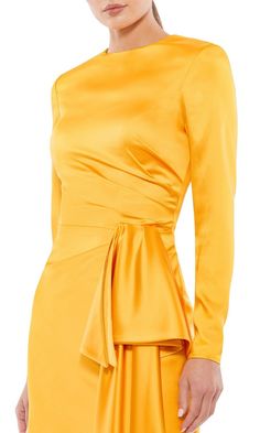 Marigold yellow long sleeve fitted asymmetrical short party dress with long draped side. Short Satin Dress, Plastic Dress, Satin Cocktail Dress, Long Sleeve Cocktail Dress, Dress Guide, Unique Prom Dresses, Short Homecoming Dress, Mac Duggal, Flowing Skirt