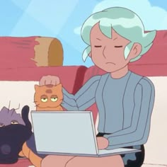 a woman sitting on the ground with a cat and laptop in front of her,