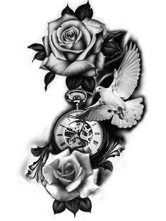 a black and white photo with roses, an alarm clock and a bird