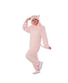 a person in a pink animal onesuit posing for the camera with their hand on his head