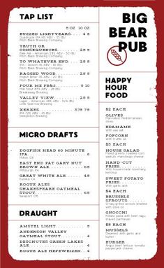 the big bear pub menu is shown in red and white