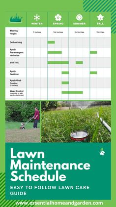 A snippet of a lawn maintenance schedule and a man dethatching and a sprinkler watering the lawn Terraced House Living Room, Lawn Maintenance Schedule, Lawn Care Schedule, Terrace Garden Ideas, Lawn Care Business, Yard Maintenance, Garden Layout Vegetable, Terrace Decor