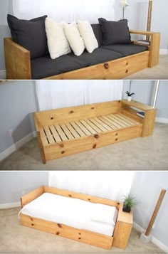 two photos of the same couch in different stages of being made into a bed frame