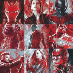 the avengers movie characters are depicted in red and black