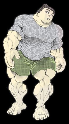 a drawing of a man in shorts and a t - shirt with his hands on his hips