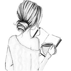 a drawing of a woman holding a cup of coffee and looking at her cell phone