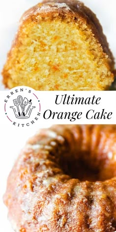 an orange cake is cut in half on a white plate with the words ultimate orange cake above it